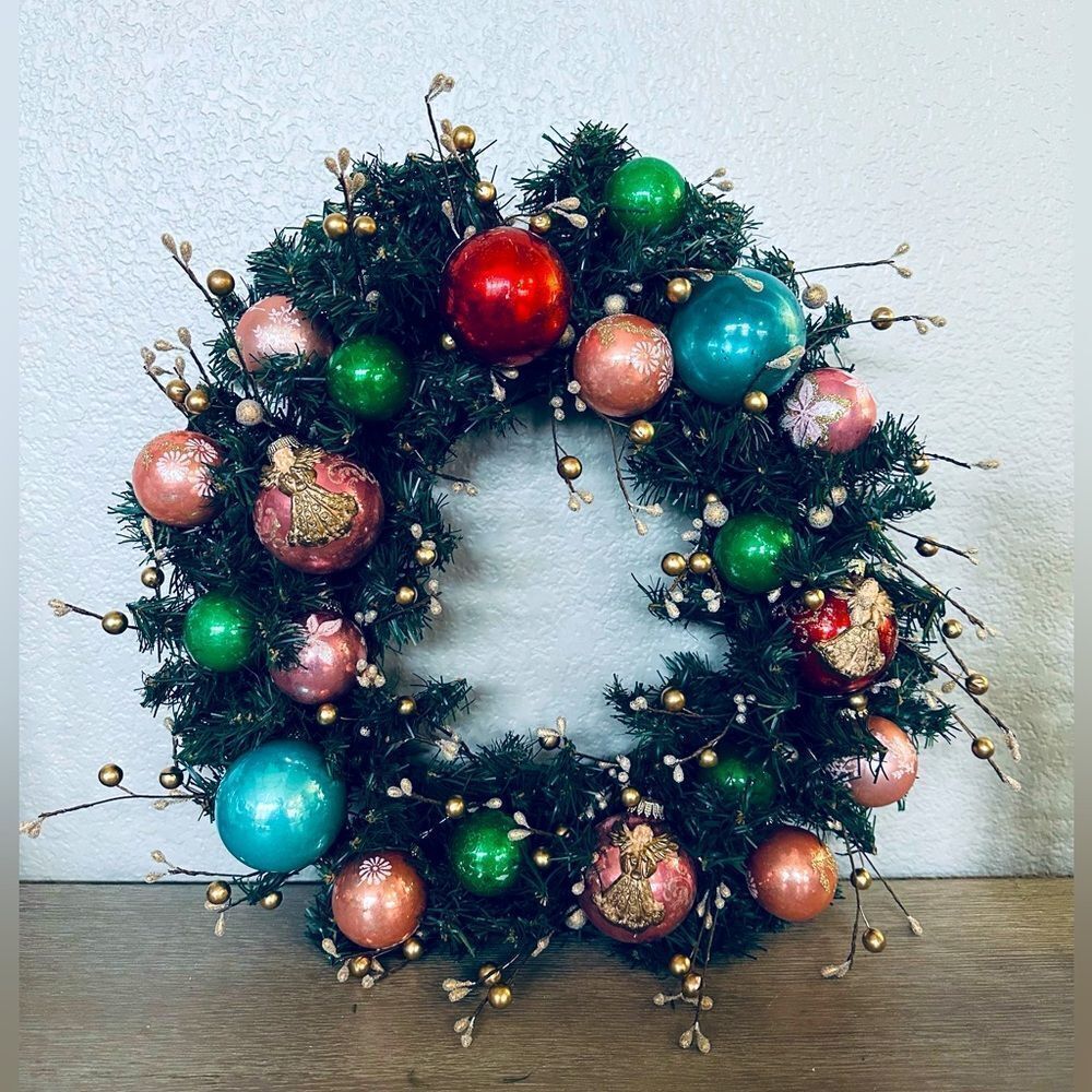 Vintage Christmas Ornaments Pink Gold Angel Holiday Wreath